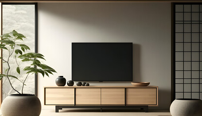 Mock up tv cabinet in zen modern empty room japanese minimal designs, 3d rendering, generative ai
