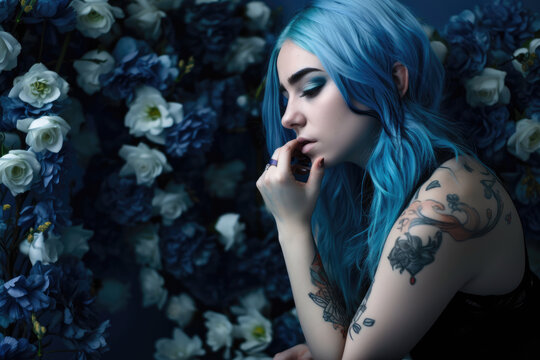 Sad blue beautiful haired girl with tattoos, side view, on a flower background with copy space, generative ai