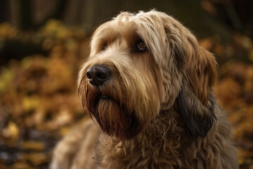 An Otterhound dog outside in fall