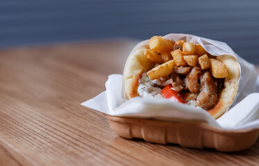Greek souvlaki meat wrapped in pita bread with fries and white tzatziki sauce and served on...