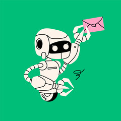 White Robot on mono wheel holding mail. Cute artificial robotic character. Hand drawn Vector illustration. Futuristic retro android. Cartoon style. Isolated design element. Delivery, postal concept