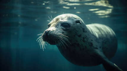 Sea lion diving in the sea. Seal deep in the ocean. Generative AI