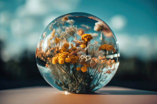 Colorful blossoming flowers with gentle petals and pleasant aroma inside a crystal sphere. Generative AI