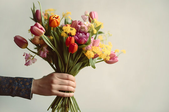 Crop anonymous person demonstrating bunch of colorful tulips with delicate petals against white background. Generative AI.