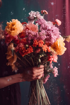 Crop anonymous person demonstrating bunch of colorful flowers against pink background. Generative AI