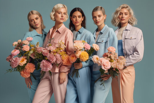 Group of young women with bouquet of fresh flowers looking at camera while standing against blue background. Generative AI