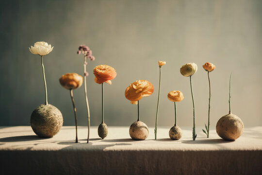Bunch of fresh blooming flowers placed on table against gray background. Generative AI