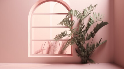 Pink window with flowers and tall plants in interior. Decoration background for presenting cosmetics product. Generative AI