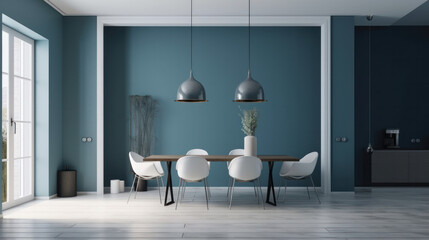 Modern contemporary dining room interior design with white chairs, wooden table, and green blue walls. Generative AI
