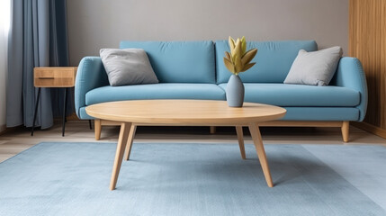 A blue sofa and a wooden table living room interior design. Generative AI