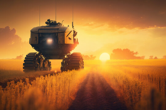 Generative AI illustration of futuristic landscape of field with road and robotic machines against colorful sky with clouds in sundown in summer