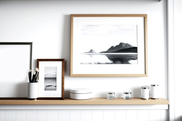 Fototapeta premium MOCKUP PHOTO FRAME Bright modern room interior with mock up photo frame, perfect fit for your art, print, or pictures Modern concept of shelves. Generative AI