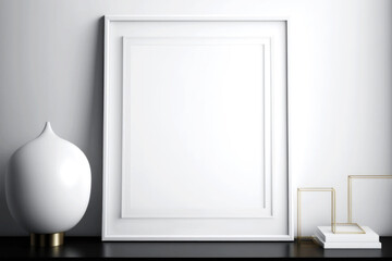 Fototapeta na wymiar MOCKUP PHOTO FRAME Bright modern room interior with mock up photo frame, perfect fit for your art, print, or pictures Modern concept of shelves. Generative AI