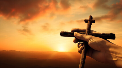 Good Friday concept: cross with sunset in the sky background. Generative AI