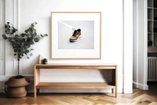 MOCKUP PHOTO FRAME  Bright modern room interior with mock up photo frame, perfect fit for your art, print, or pictures  Modern concept of shelves. Generative AI