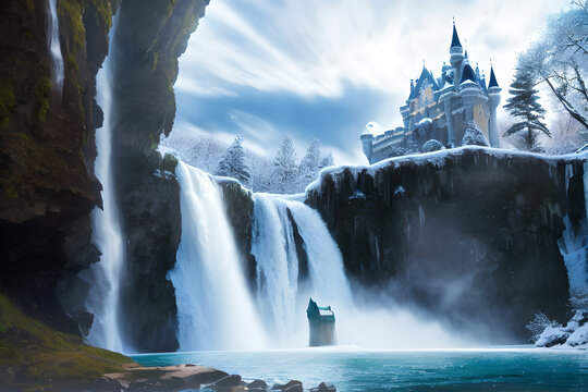freezing waterfall fantasy castle Generative AI