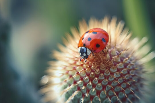 Macro photograph of a ladybug on a flower. Generative AI