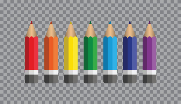 Set of colored pencils for drawing on transparent background. Vector illustration