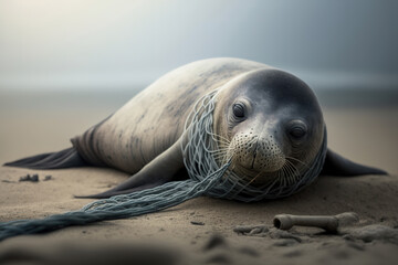 Generative AI illustration of big seal with rope on neck lying on sand representing concept of environmental pollution