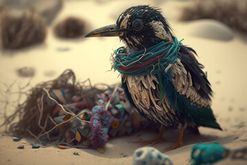 Generative AI illustration of black bird with colorful net on neck representing concept of environmental pollution