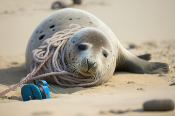 Generative AI illustration of big seal with rope on neck lying on sand representing concept of environmental pollution