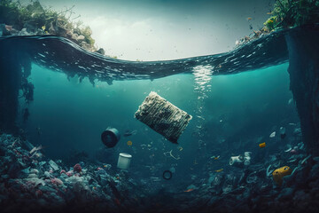 Generative AI illustration of different types of garbage swimming in transparent water representing concept of environmental pollution