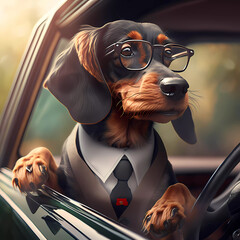 Dog with glasses driving a car. AI generated