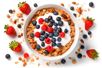 Top view bowl of homemade granola with yogurt and fresh brieers. Generation AI