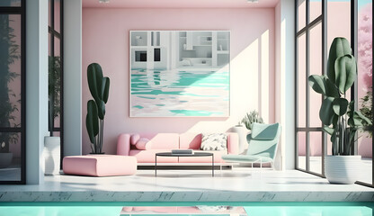 sunlit indoor lounge area with a pool with clear water and another pool with translucent pastel pink water, generative ai