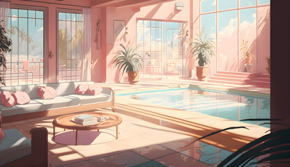sunlit indoor lounge area with a pool with clear water and another pool with translucent pastel pink water, generative ai
