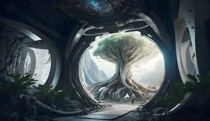 large interior of beautiful underground spaceship growing out of roots of epic tree, peaceful scene, generative ai
