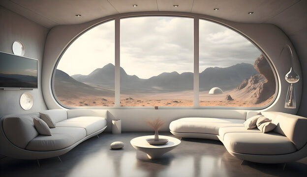 living room with sleek and modern space ship with a large window takes up an entire wall, generative ai