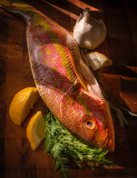 fresh fish- yellowtail snapper on cutting board with lemon