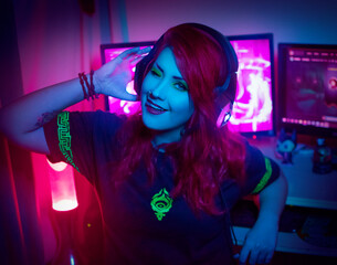 gamer girl, neong, game, red hair, woman