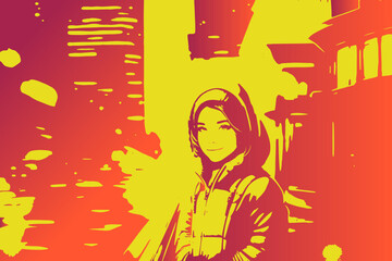 Vector illustration of a young pretty woman in comfortable sportswear on the background of the night city, abstract style, gradient sketch sketch of a girl on the background of city lights
