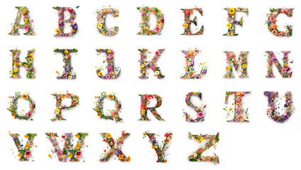 Naklejka premium Beautiful alphabet letters decorated with spring flowers, ideal for wedding invitations, greeting cards and postcards. Generative AI