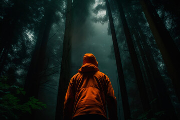 Rear view of a hiker in the middle of a lush forest of tall trees, immersed in a thick fog contemplating the immensity of nature. Respect for the environment. Generative AI