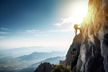 View of a climber, climbing a huge mountain with the city and the sea in the background. Extreme sports of risk and adventure. Generative AI