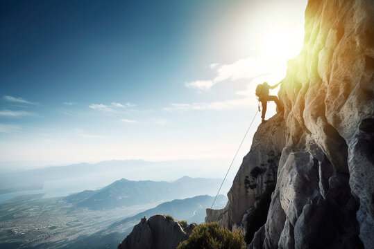 View of a climber, climbing a huge mountain with the city and the sea in the background. Extreme sports of risk and adventure. Generative AI