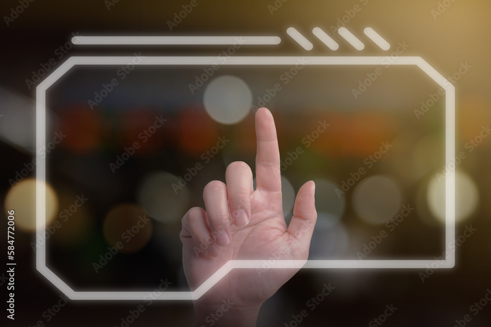 Poster closeup of man hand using finger to touch and press the button on virtual computer screen with dark 