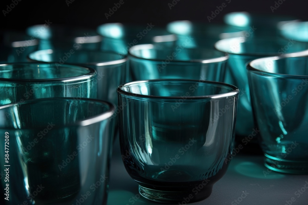 Poster a group of glass cups sitting on top of a table next to each other on top of a table top next to eac