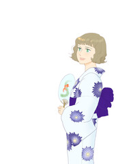 Woman in yukata with a paper fan (color)