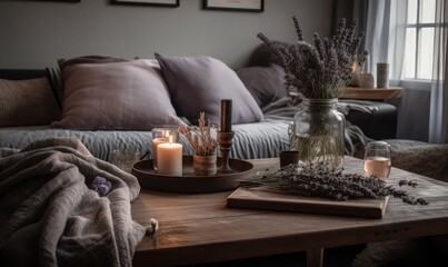 A coffee table, a sofa with a gray bedspread, scented candles and a bouquet of dried lavender, generative AI
