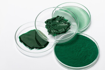 set of spirulina products in petri dishes. Spirulina powder, mask, cream, solution.