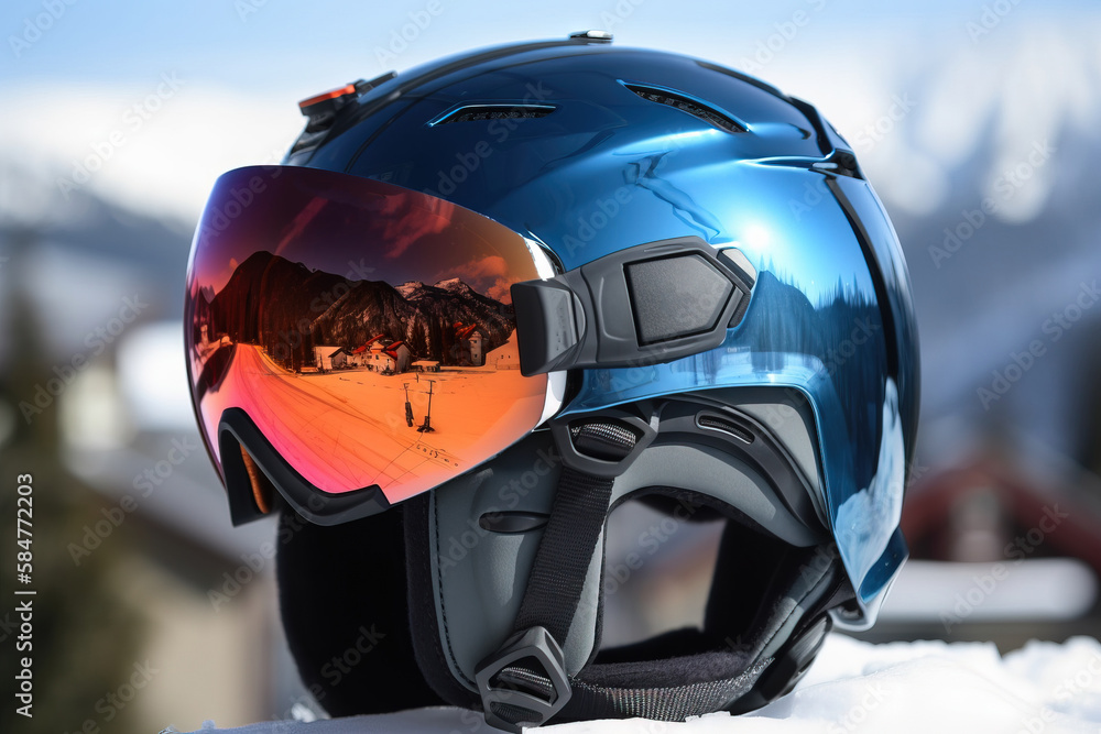 Poster a helmet with a reflection of a mountain in the mirror of it's reflection in the lens of it's goggle