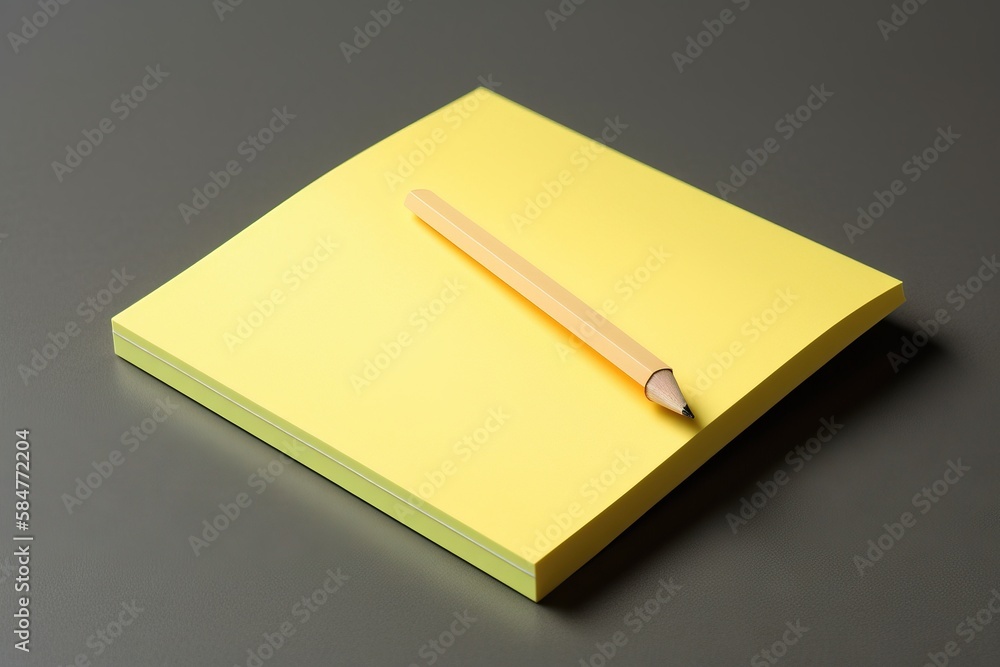 Poster a yellow notepad with a pencil on top of it on a gray surface with a gray background and a gray surf