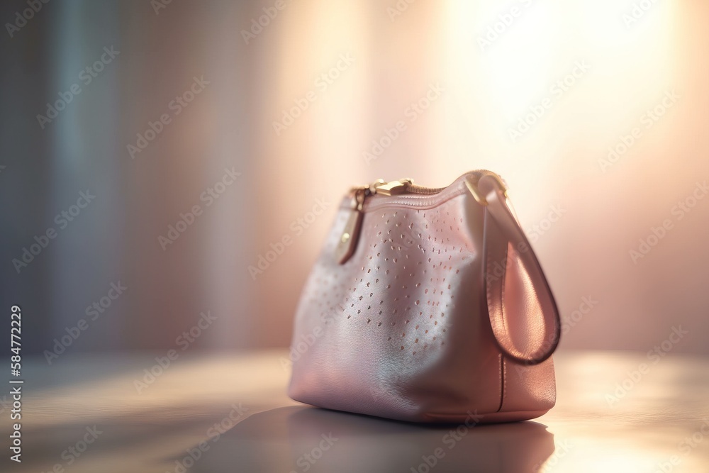 Poster a pink purse sitting on top of a table next to a curtained window with sunlight streaming through th