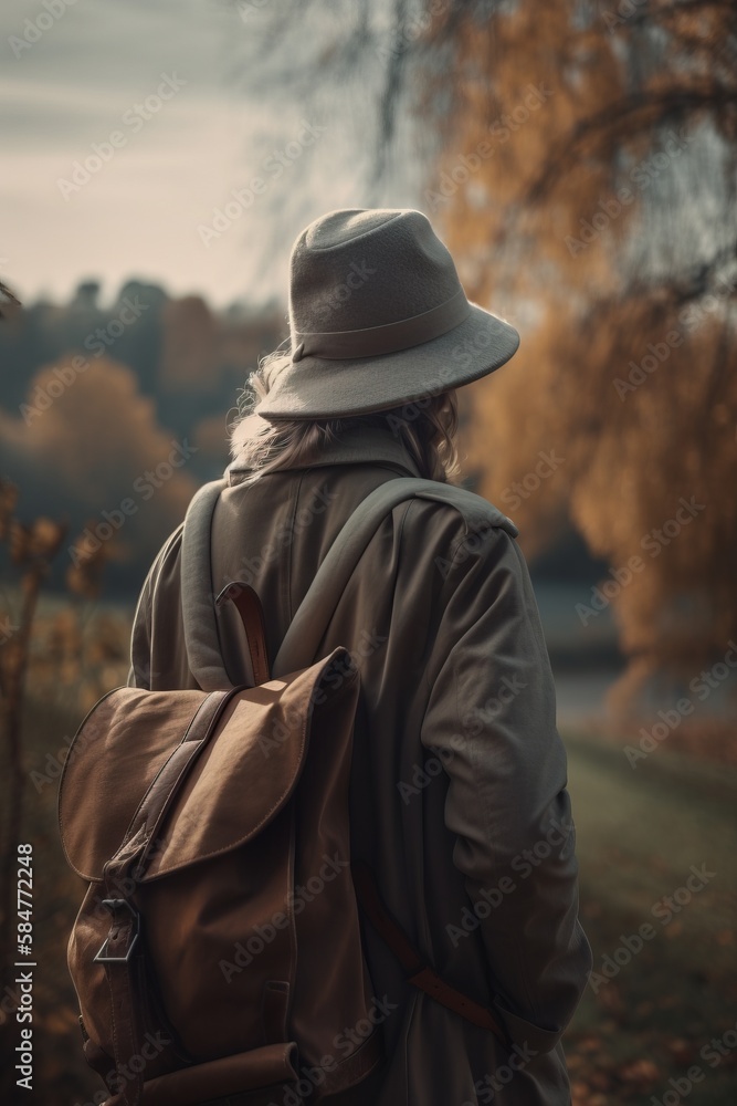 Poster a person with a backpack and a hat walking in a field with a tree in the background and a bird in th