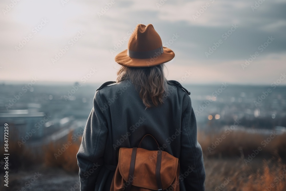Poster a person with a backpack and a hat looking out over a cityscape from a hill top with a view of the c