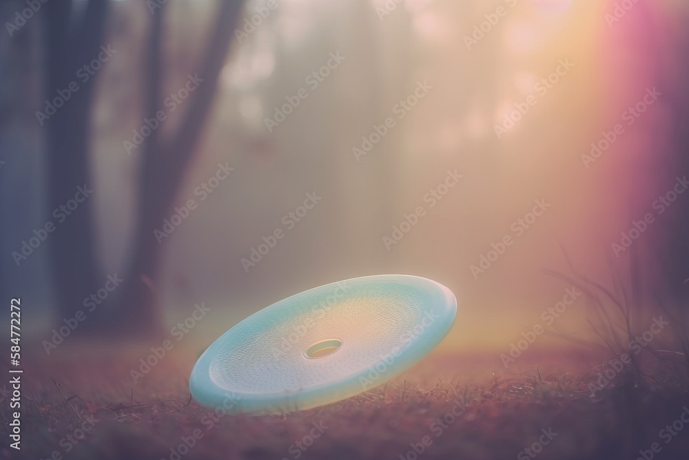 Poster a white frisbee sitting on top of a grass covered field next to a forest filled with tall trees and 